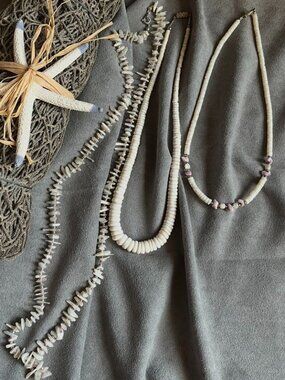 VTG 70s 80s Natural Shell Necklace Lot 3 Beach Surfer Heishi Coral Shard Boho